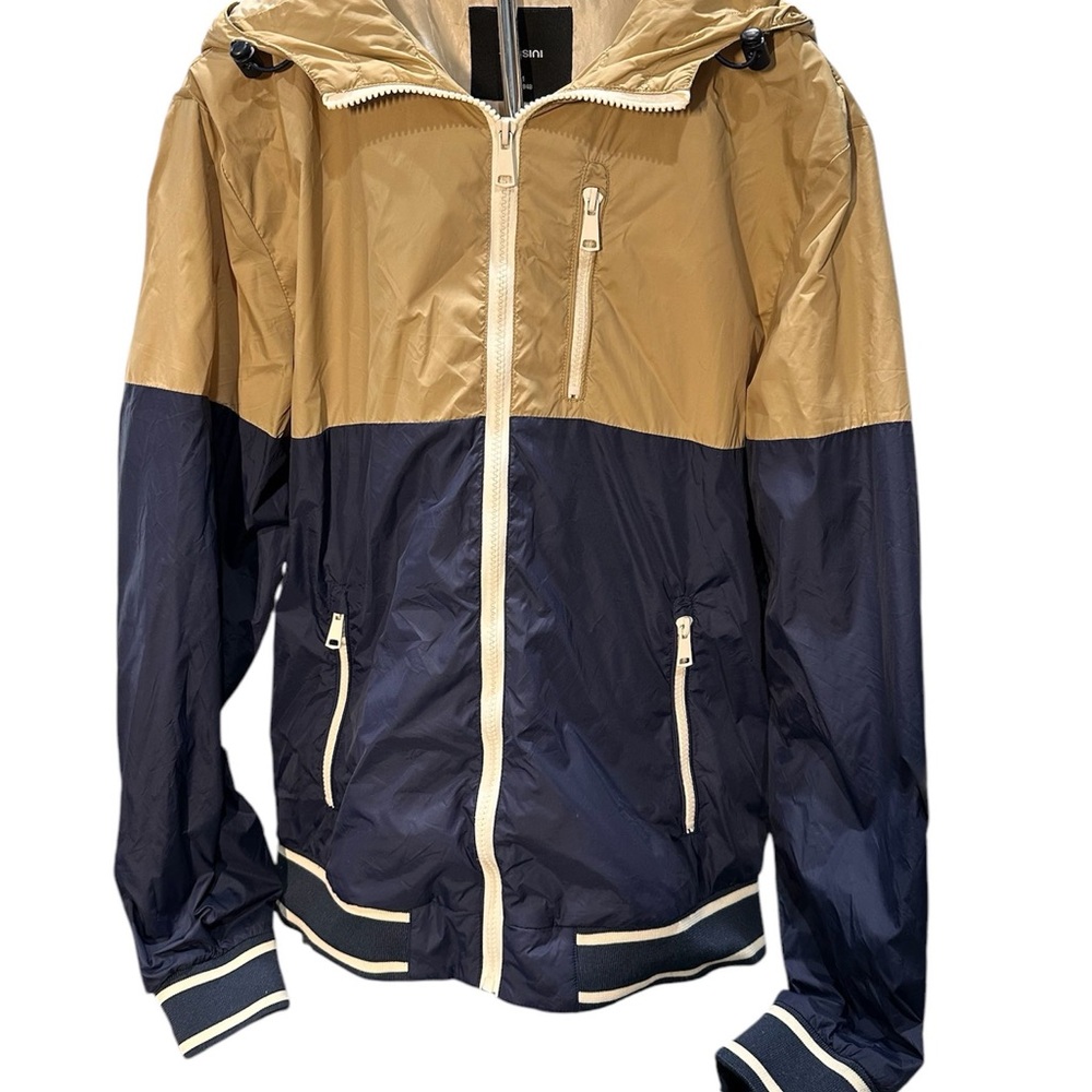 Bossini Two-Tone Tan and Navy Men's Windbreaker Rain Jacket Preppy Zippered